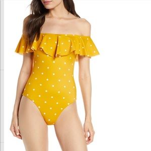 NWOT CHELSEA•28 One Piece Bathing Suite in Mustard Yellow with White Polkadots